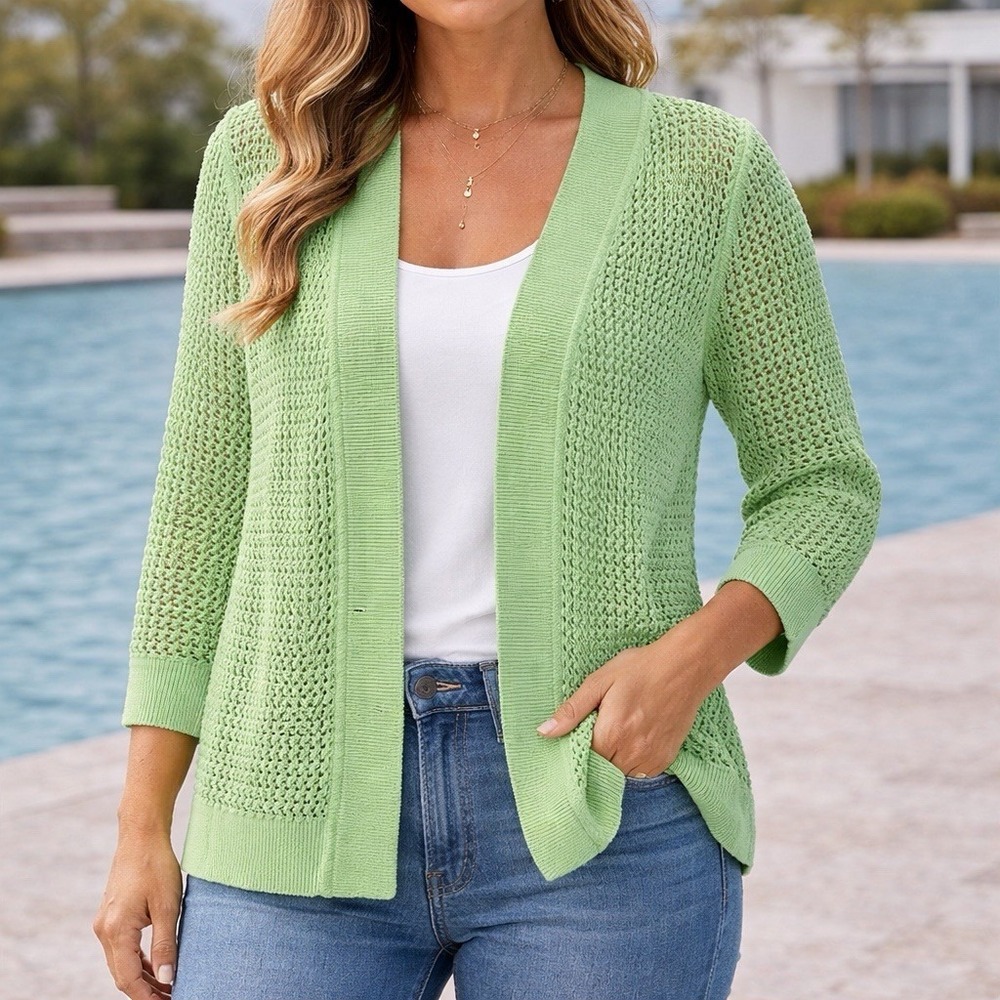 Kasper‎ Sweater Lime Green L Cardigan Preppy Chic Office Minimalist Layer Knit
